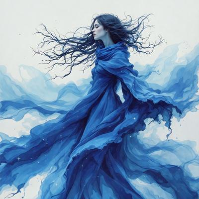 The primary subject of the image is a woman wearing a blue dress, with her hair flowing in the wind. She appears to be flying through the air, possibly in a dreamy or fantastical setting. The visual style of the image is a painting, which adds a sense of artistic expression and creativity to the scene. The colors in the painting are predominantly blue, which contributes to the overall mood of the image, evoking a sense of tranquility and freedom.